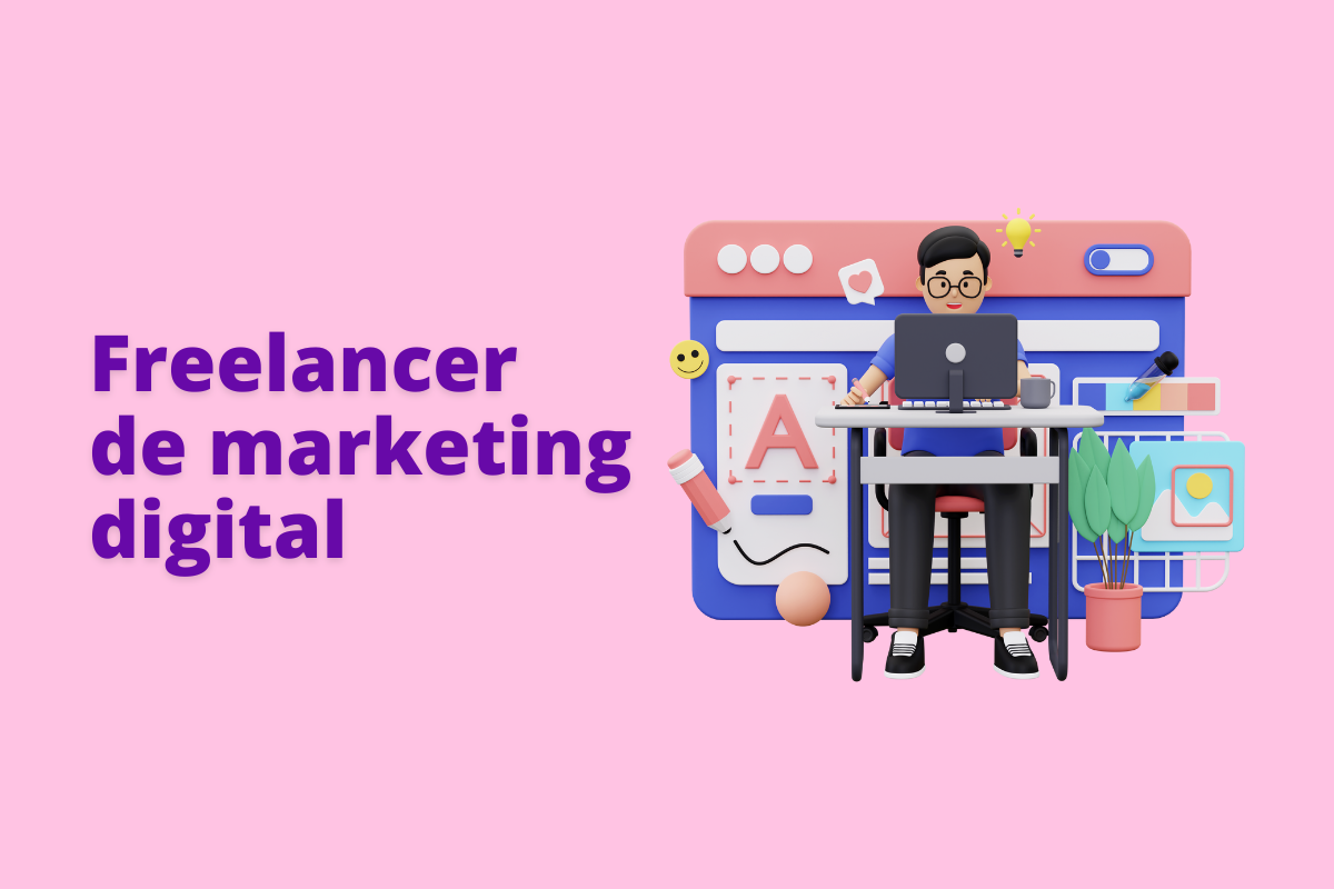 Montagem com fundo rosa e frase Freelancer de marketing digital em roxo à esquerda e foto do mesmo à direita