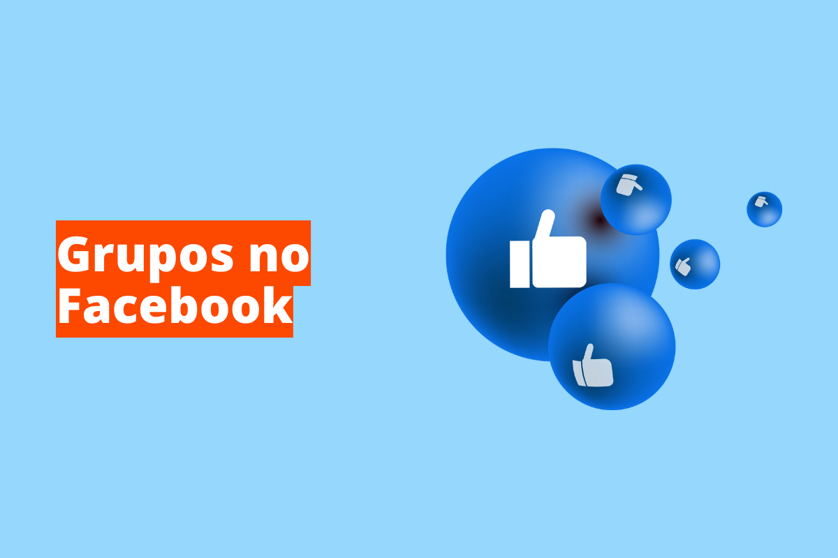 Montagem com fundo azul e frase Grupos no Facebook em branco à esquerda com fundo laranja e símbolo web que representa o tema à direita