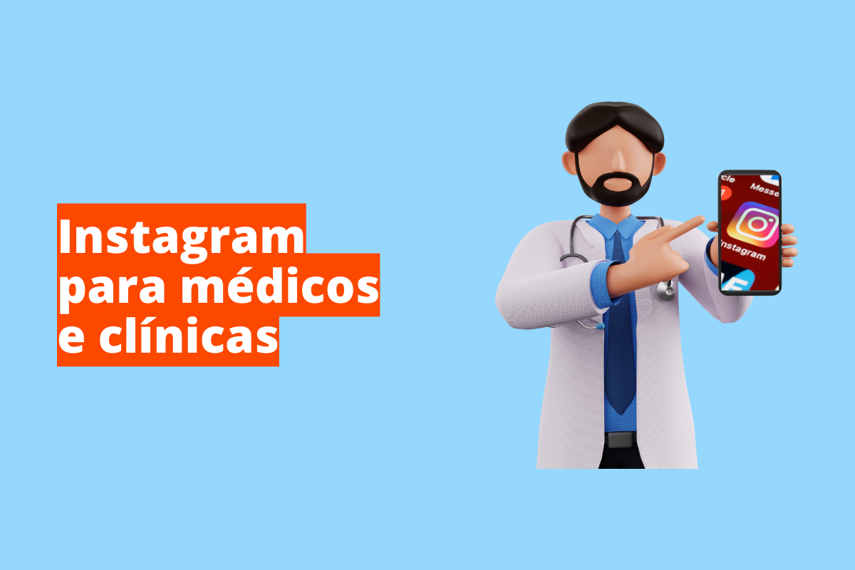 Montagem com fundo azul e frase Instagram para médicos e clínicas em branco à esquerda com fundo laranja e símbolo web que representa o tema à direita