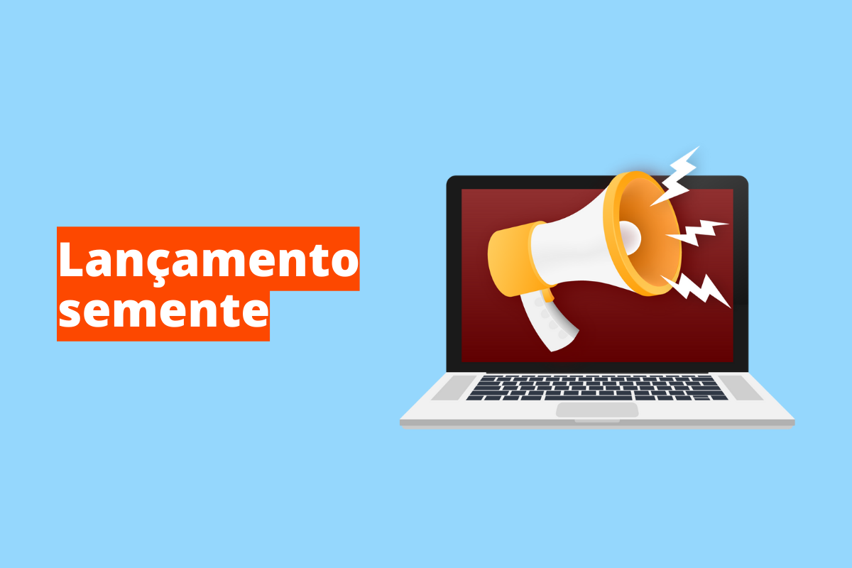 Montagem com fundo azul e frase Lançamento semente em branco à esquerda com fundo laranja e símbolo web que representa o tema à direita