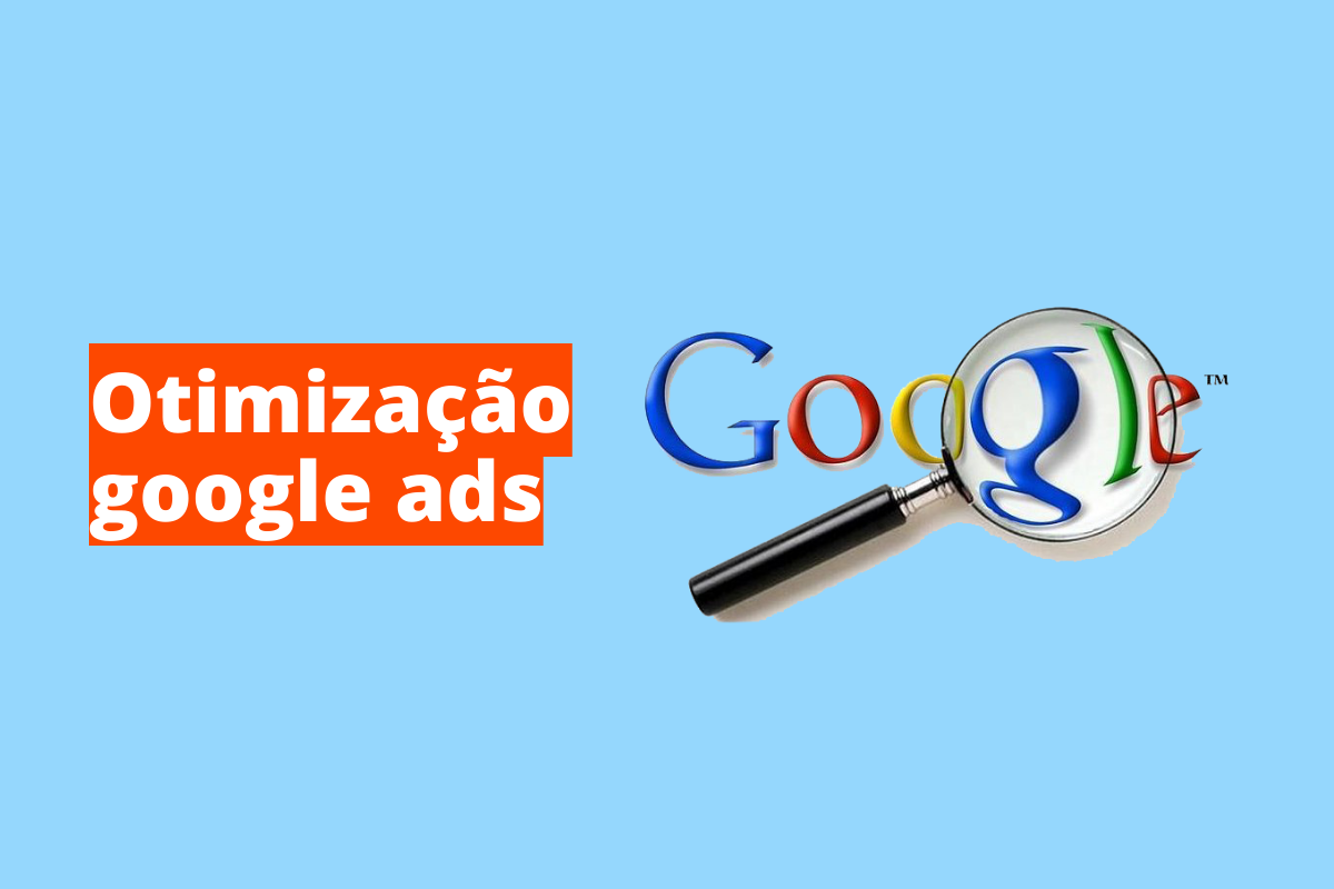 Montagem com fundo azul e frase Otimização Google ads em branco à esquerda com fundo laranja e símbolo web que representa o tema à direita