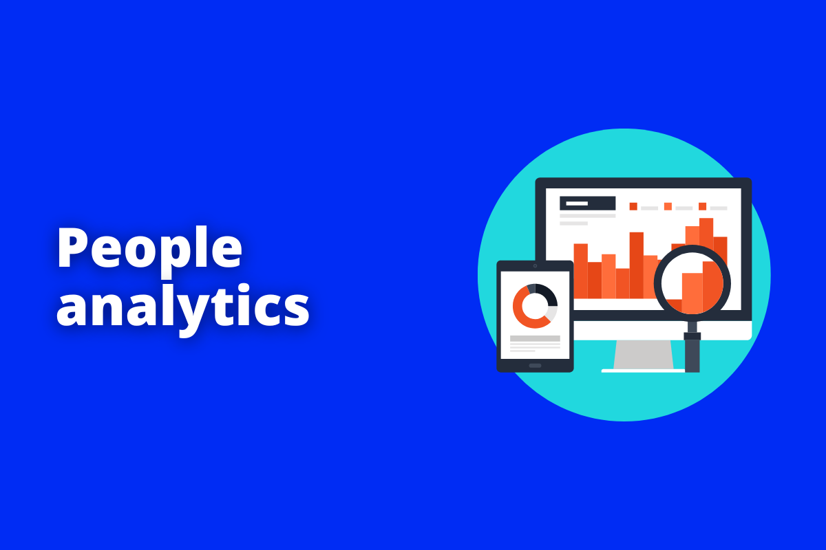 Montagem com fundo azul e frase People Analytics em branco com símbolo web à direita que representa o tema