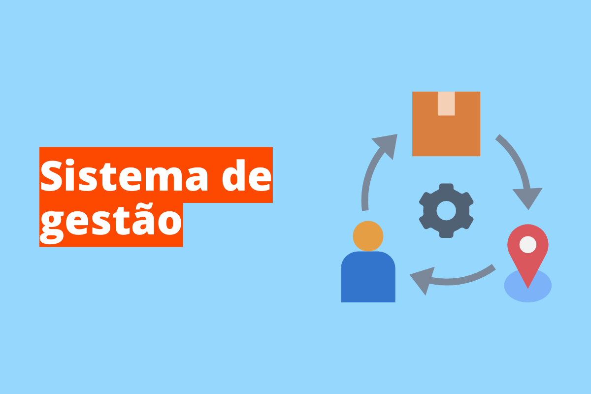 Montagem com fundo azul e frase Sistema de gestão em branco à esquerda com fundo laranja e símbolo web que representa o tema à direita