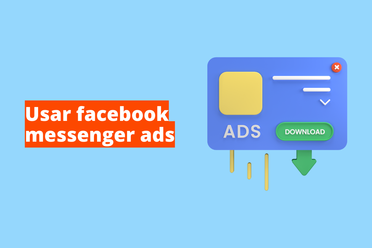 Montagem com fundo azul e frase Usar Facebook Messenger Ads em branco à esquerda com fundo laranja e símbolo web que representa o tema à direita