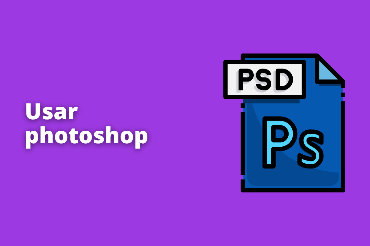 Montagem com fundo lilás e frase Usar Photoshop em branco à esquerda e símbolo web que representa o tema à direita