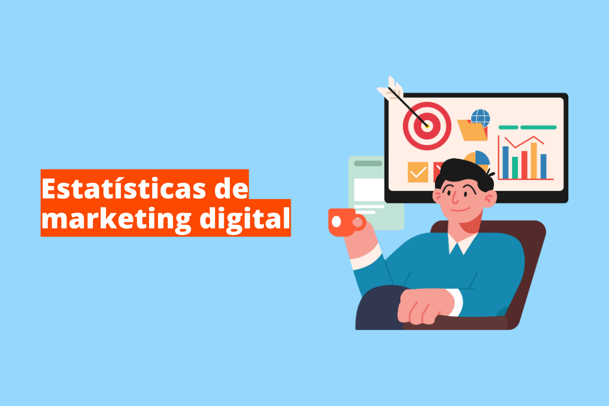 estatísticas de marketing digital : o fundo da imagem é azul e tem - se escrito estatísticas de marketing digital