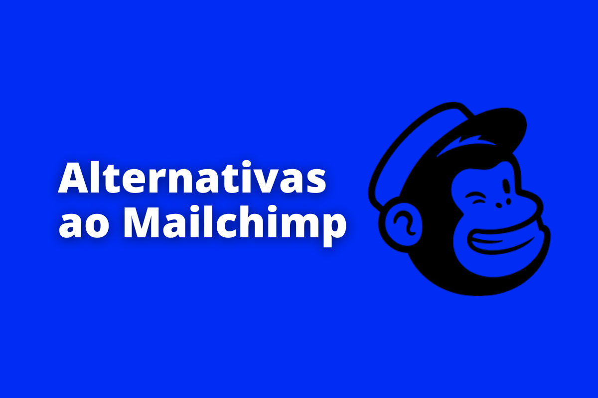 Montagem com fundo azul e frase Alternativas ao Mailchimp em branco com símbolo web à direita que representa o tema
