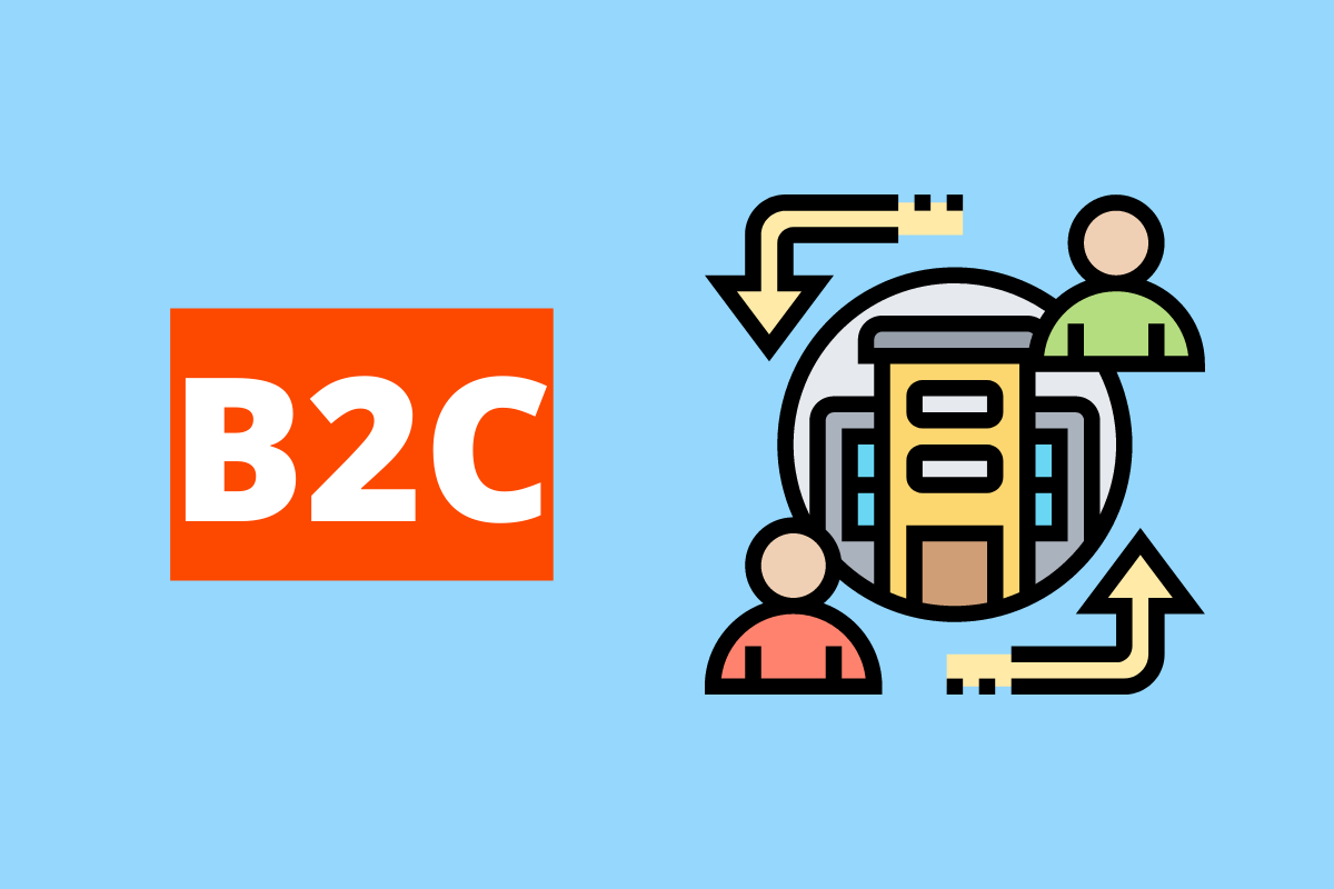 Montagem com fundo azul e termo B2C à esquerda com fundo laranja e símbolo web que representa o tema à direita