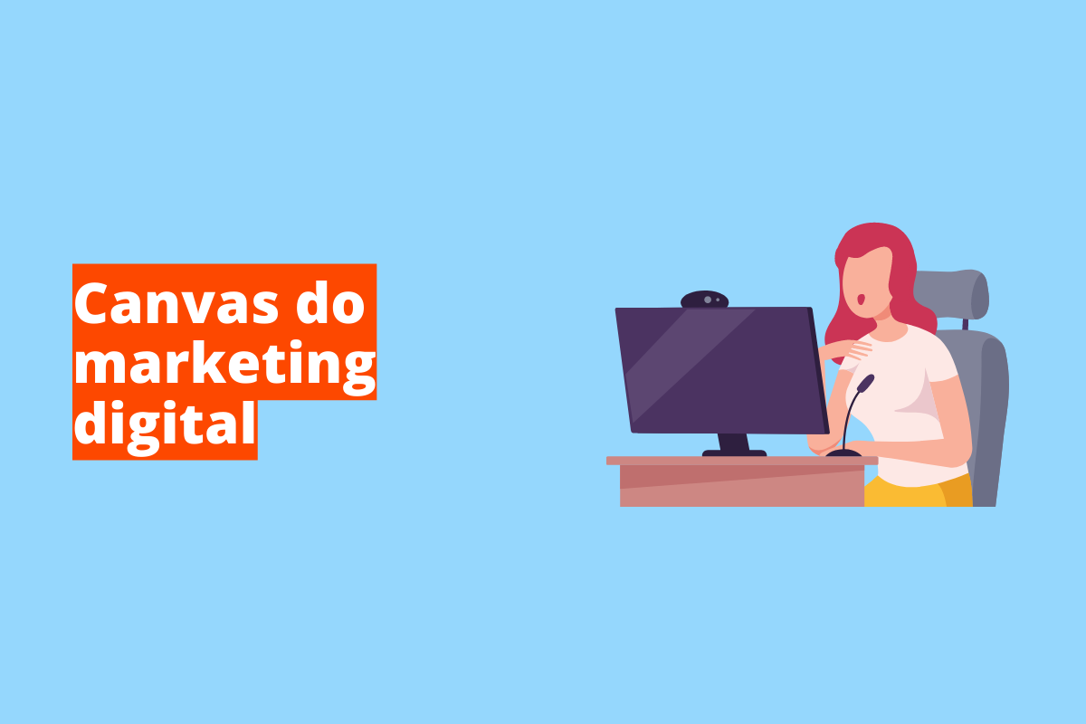 Montagem com fundo azul e frase Canvas do marketing digital à esquerda com fundo laranja e símbolo web que representa o tema à direita