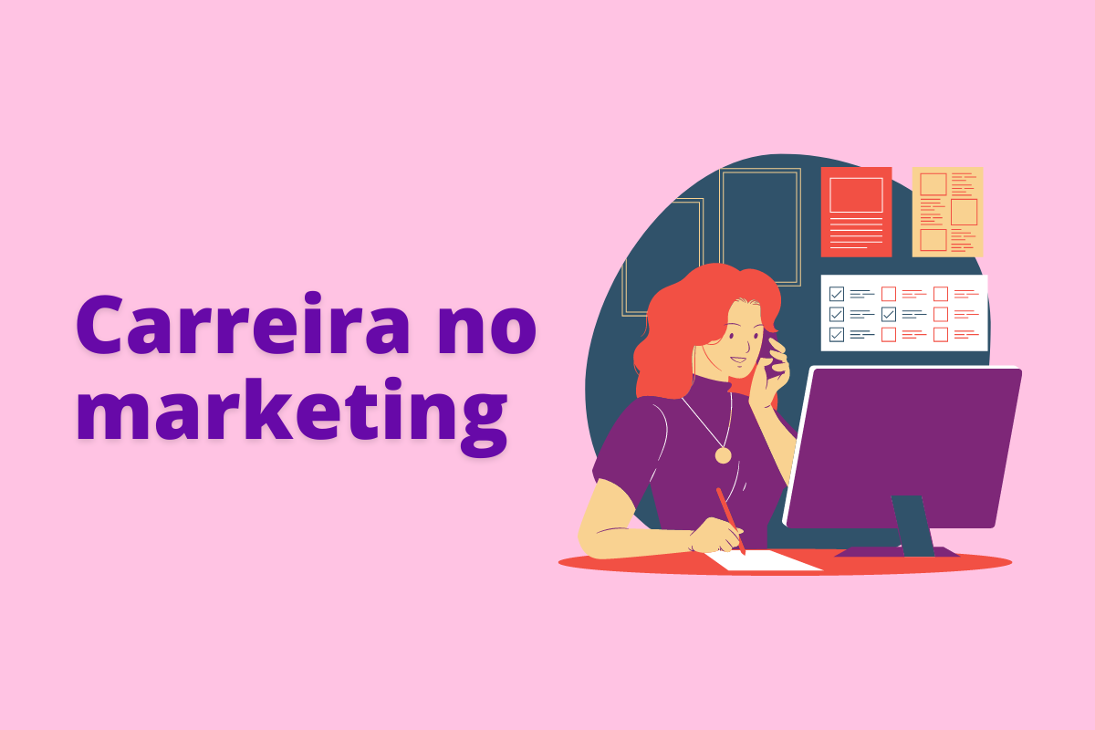 Montagem com fundo rosa e frase Carreira no marketing em branco com símbolo web à direita que representa o tema