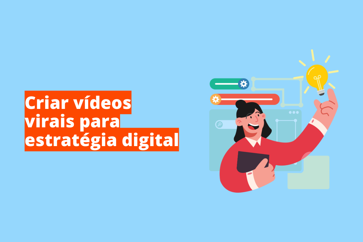 Montagem com fundo azul e frase Criar vídeos virais para estratégia digital à esquerda com fundo laranja e símbolo web que representa o tema à direita