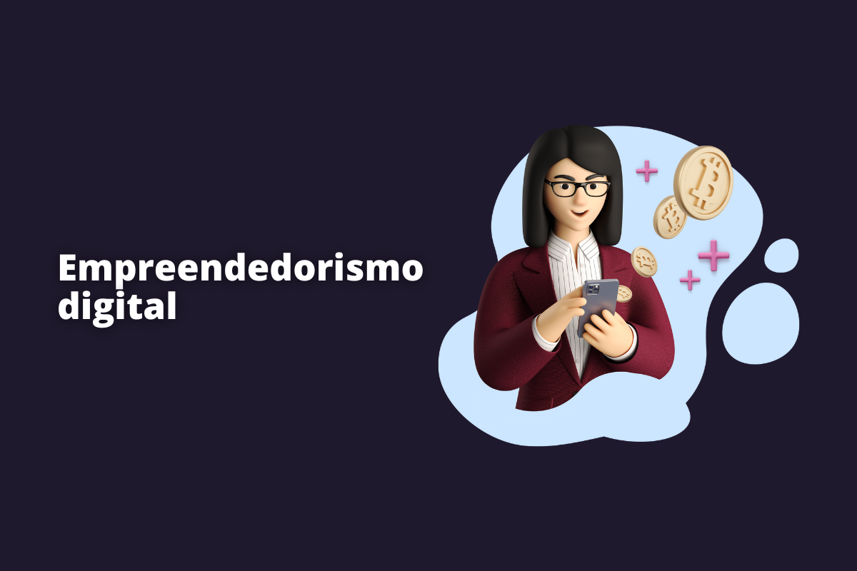 Montagem com fundo preto e frase Empreendedorismo Digital em branco à esquerda e símbolo web que representa o tema à direita