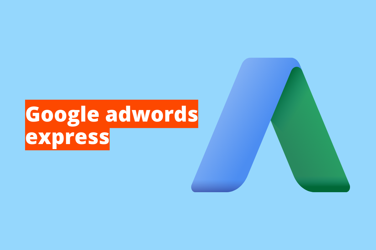 Montagem com fundo azul e frase Google Adwords Express à esquerda com fundo laranja e símbolo web que representa o tema à direita