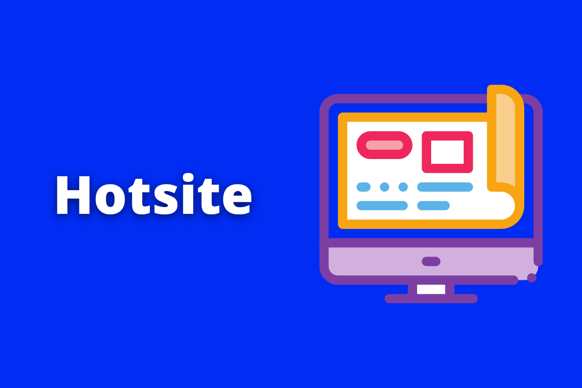Montagem com fundo azul e nome Hotsite em branco com símbolo web à direita que representa o tema