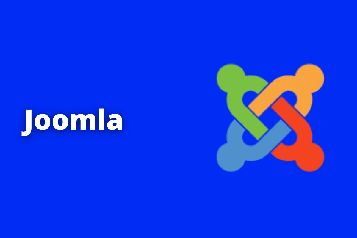 Montagem com fundo azul e nome Joomla em branco com símbolo web à direita que representa o tema