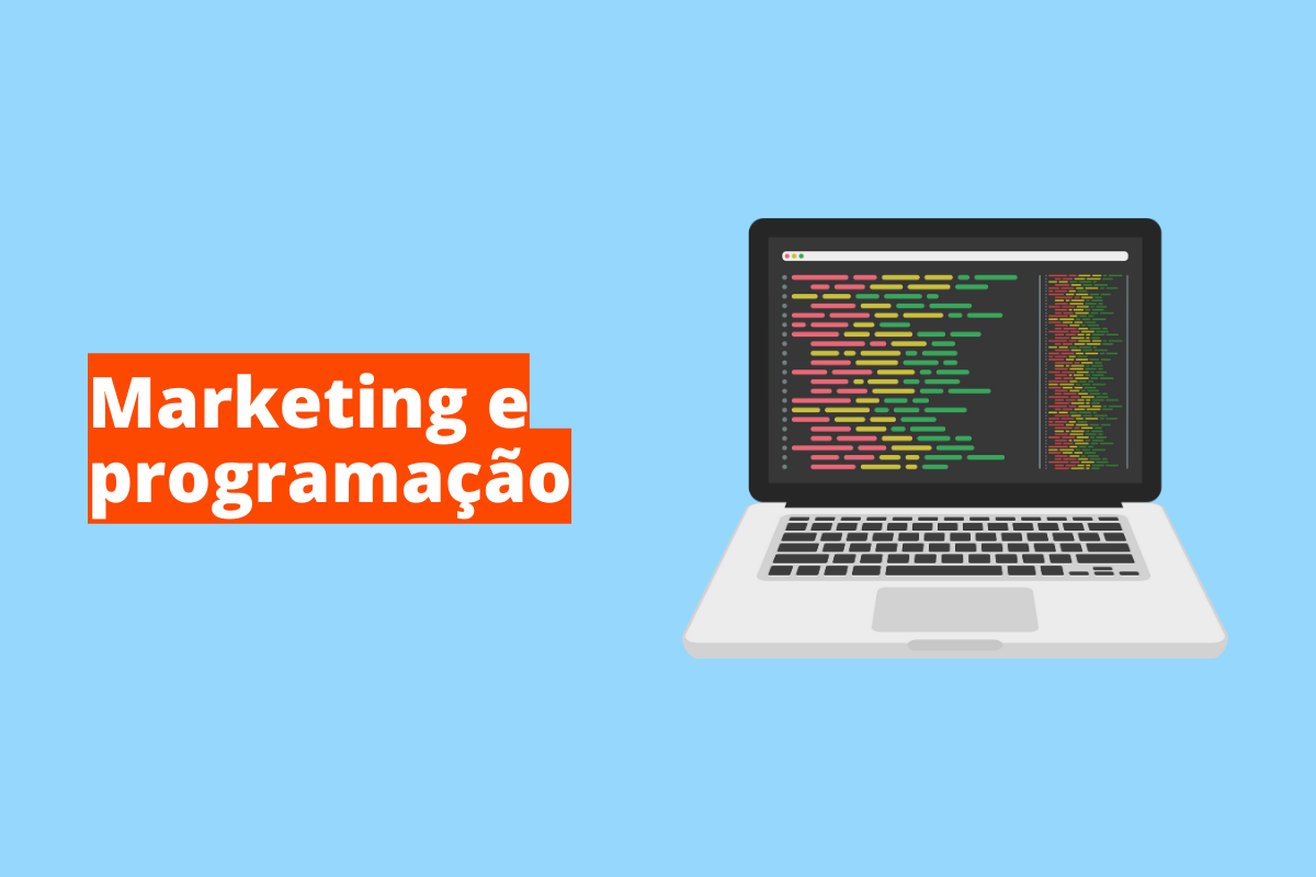 Montagem com fundo azul e frase Marketing e programação à esquerda com fundo laranja e símbolo web que representa o tema à direita