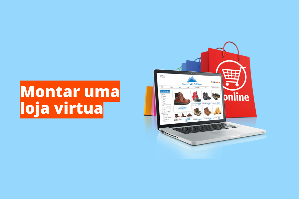 Montagem com fundo azul e frase Montar uma loja virtual à esquerda com fundo laranja e símbolo web que representa o tema à direita