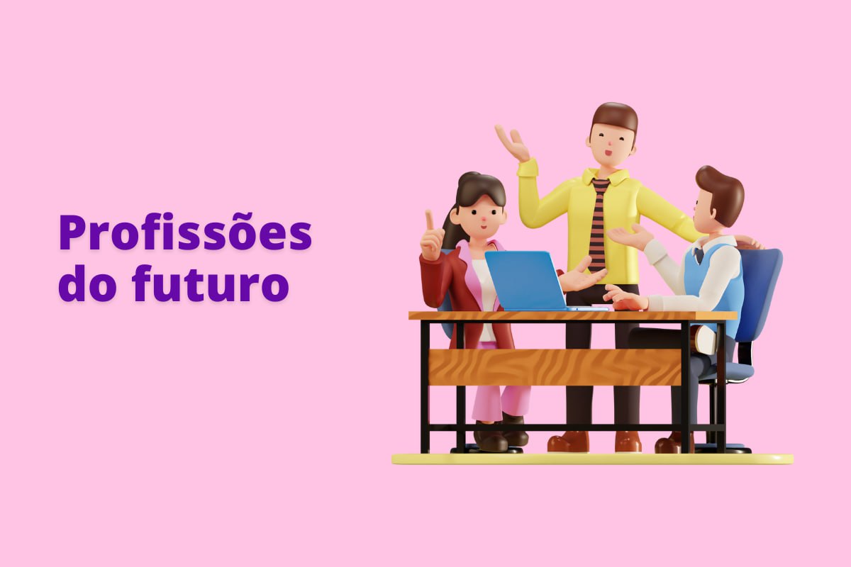 Montagem com fundo rosa e frase Profissões do futuro em branco com símbolo web à direita que representa o tema