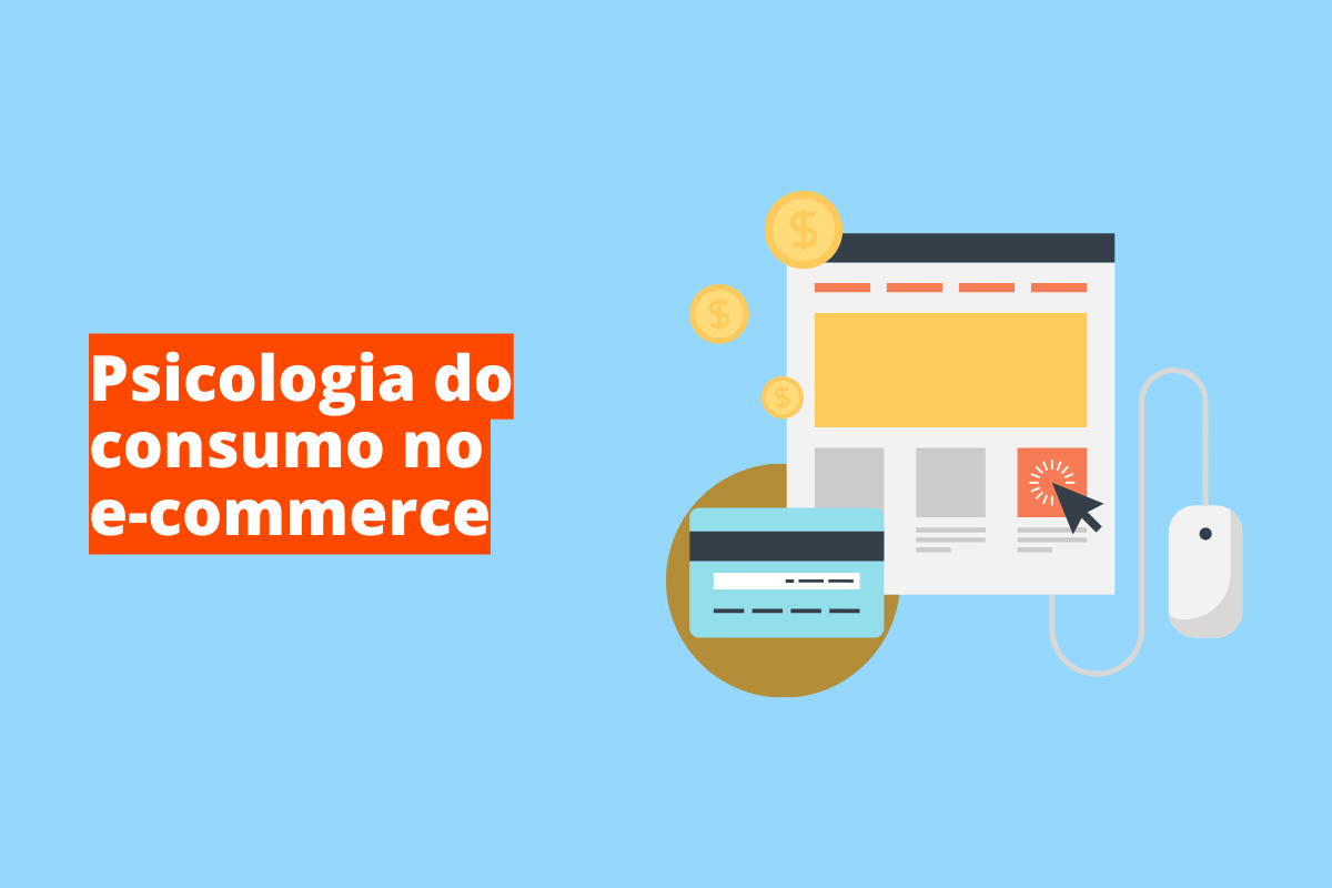 Montagem com fundo azul e frase Psicologia do consumo no e-commerce à esquerda com fundo laranja e símbolo web que representa o tema à direita