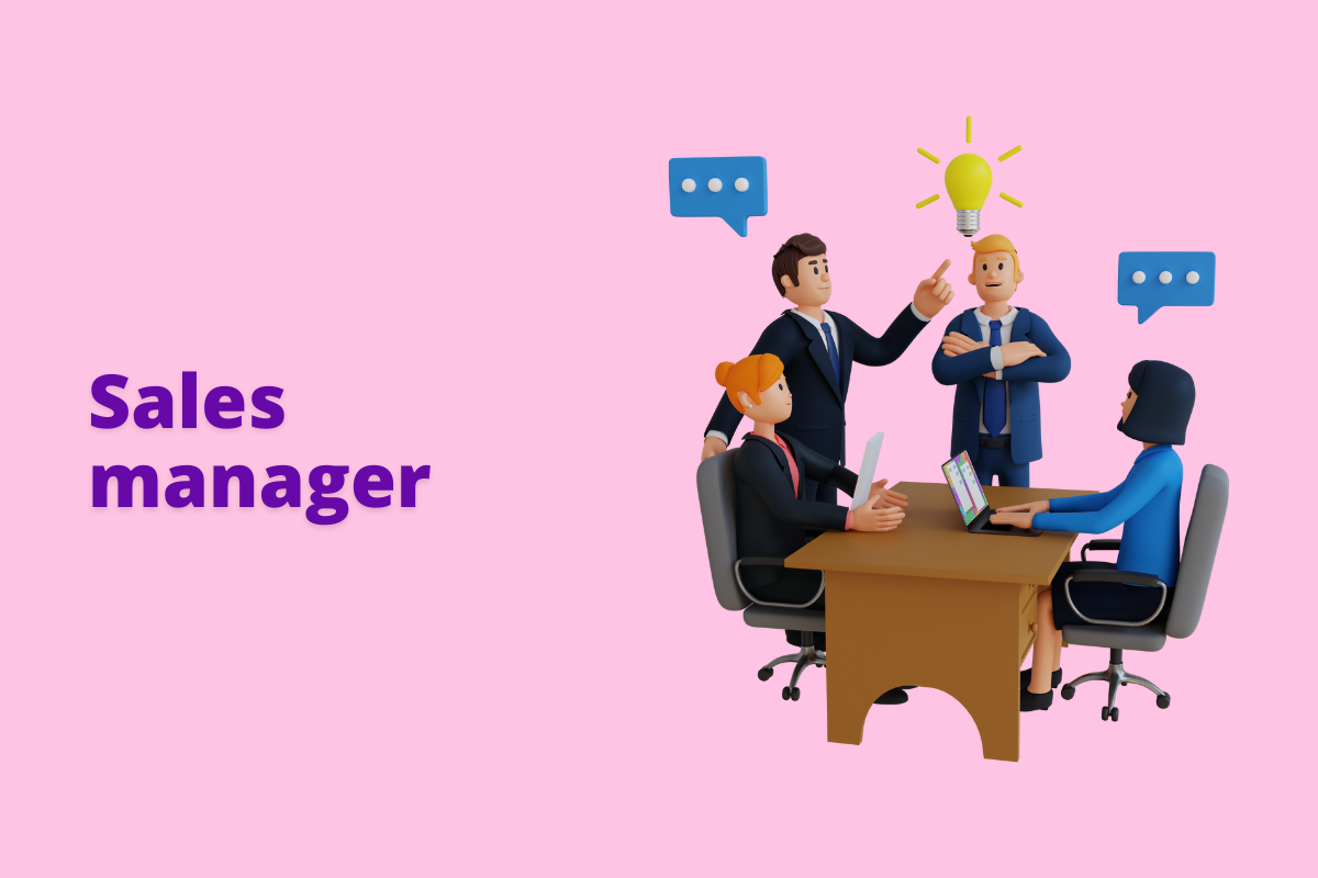 Montagem com fundo rosa e frase Sales Manager em branco com símbolo web à direita que representa o tema