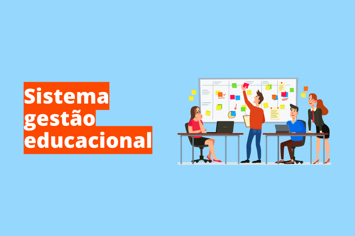 Montagem com fundo azul e frase Sistema gestão educacional à esquerda com fundo laranja e símbolo web que representa o tema à direita