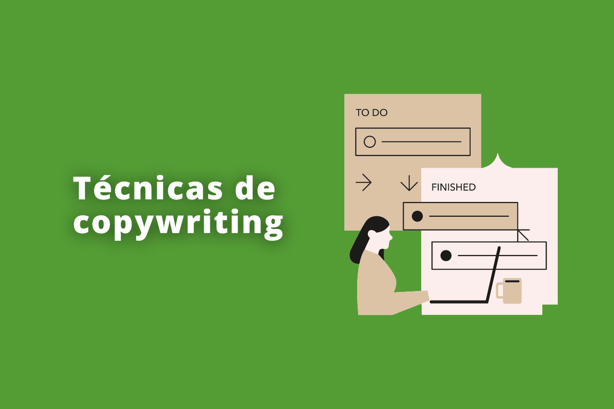 Montagem com fundo verde e frase Técnicas de copywriting em branco com símbolo web à direita que representa o tema