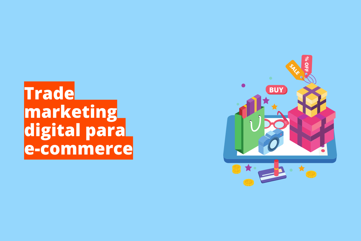 Montagem com fundo azul e frase Trade marketing digital para e-commerce à esquerda com fundo laranja e símbolo web que representa o tema à direita