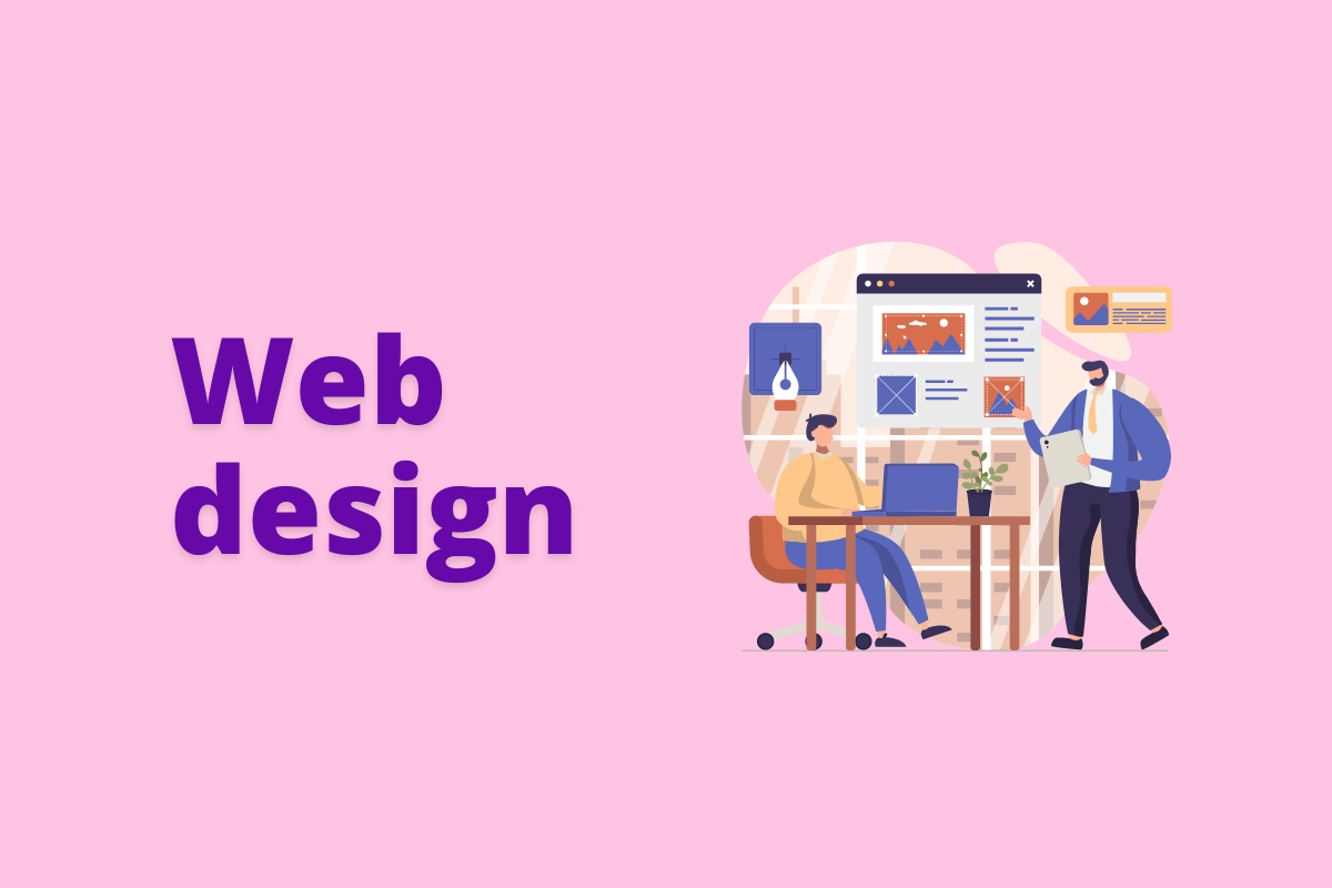 Montagem com fundo rosa e frase Web design em branco com símbolo web à direita que representa o tema