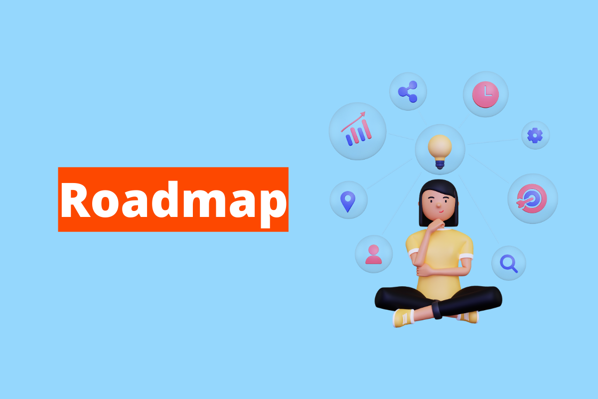 Montagem com fundo azul e termo Roadmap à esquerda com fundo laranja e símbolo web que representa o tema à direita
