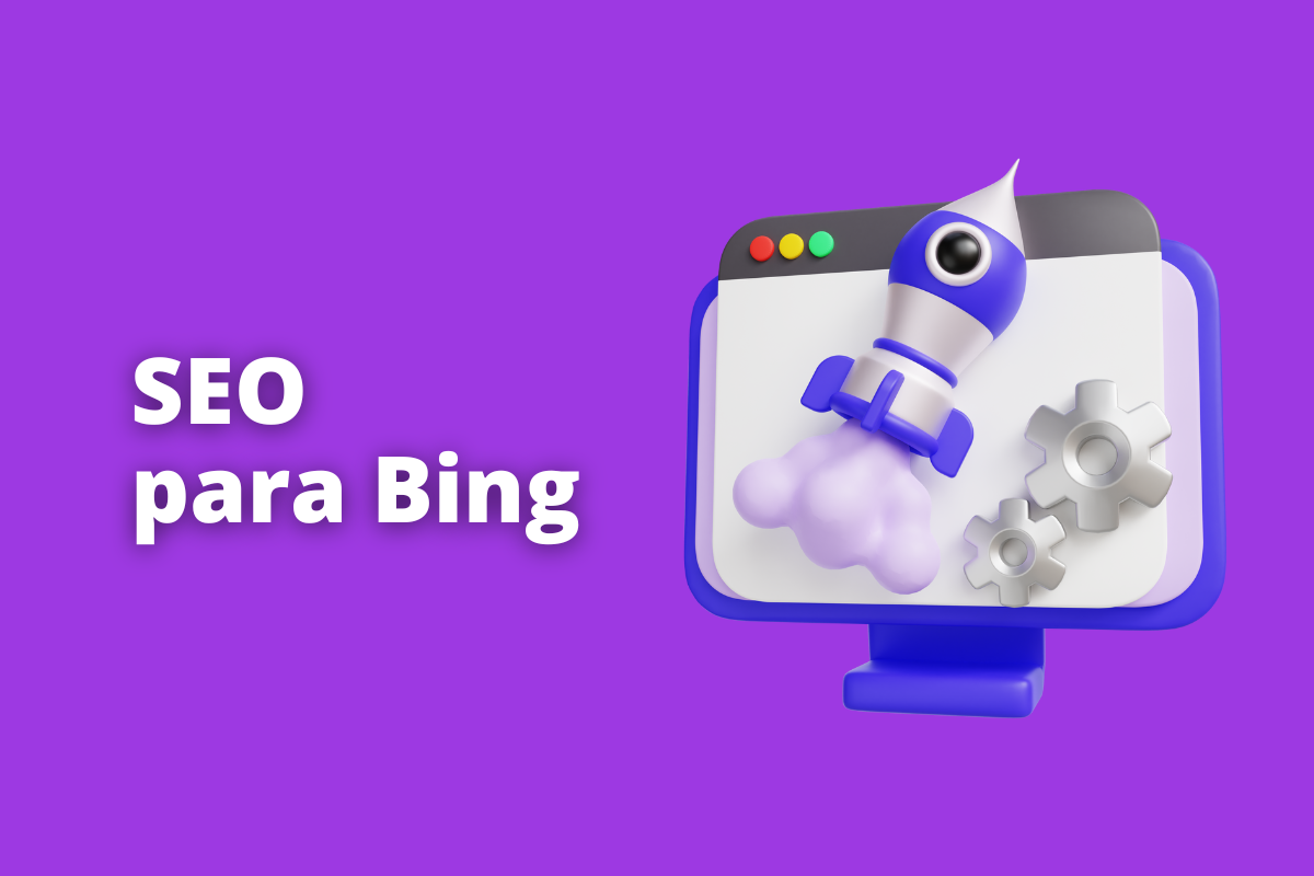 Montagem com fundo lilás e frase SEO para Bing em branco com símbolo web à direita que representa o tema